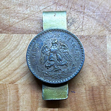 Vintage Mexican .900 Silver Money Clip w/ 1930s Cap & Rays 1 Peso Coin 27g picture
