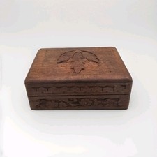 Vintage Hand Carved Wood Trinket Jewelry Box India Floral Leaf Hinged Lid B57 picture