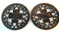 Set of 2 Vtg Cast Iron Footed Trivet-Four Leaf Clover Scroll- Round 7'' Diameter picture