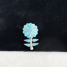 Zuni Inlay Turquoise and Silver Flower Pendant/Pin by J. Laate picture