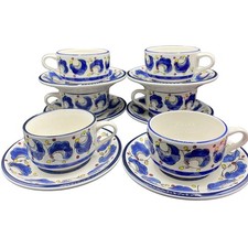 Set of 6 Vtg Buffalo China Large Cup & Saucer Restaurant Ware Blue Plumes Dots picture