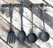 Vintage 1970s Wrought Iron Kitchen Utensils Set • Factory Typo Mark 