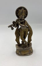 Vintage Brass Krishna Statue Playing Flute 6” Hindu Deity Idol Unsigned Art picture