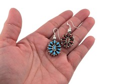 Navajo Reversible Cluster Earrings Kingman Turquoise & Red Coral Jewelry picture