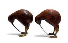 Pair Vintage Wooden Kiwi Bird Sculptures Brass Legs Beaks Mid Century Decor picture