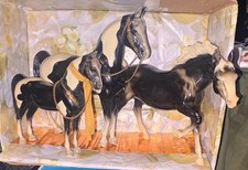 Black & White Plastic Horse Figurine Set w/ Gold Tack, Boxed (3 Horses) picture