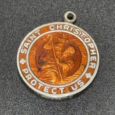 Vintage Rare Saint Christopher Medal Pendant Amber Enamel Religious Protect Us picture