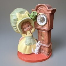 Vintage 1970s Byron Mold Ceramic Girl White Cat Grandfather Clock Signed 11”  picture