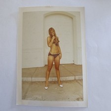  1970s Smiling Young Blonde Woman Posing in Bikini Swimsuit heels Vintage Photo picture