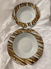 2 RARE  NICOLE MILLER SAKURA WHITE BAMBOO SOUP BOWLS TIKI BAR LUAU VINTAGE picture