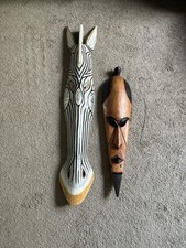 Vintage African Wood Mask Pair  Hand Carved Tribal Wall Art Set  picture