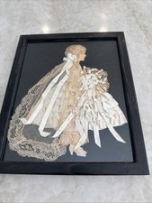Vintage Ribbon Art Paper Doll- white lace Lady w-Bouquet Art Deco Frame - Bride picture