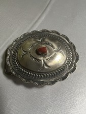 Vintage Navajo Sterling Silver Coral Belt Buckle Herbert Ration Signed 2