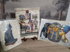 Lot of 3 Vintage Egyptian Papyrus Paintings - Bastet Cat, King Tut & Nefertiti picture