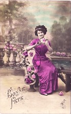 BONNE FETE, FLOWER LADY IN PURPLE c1916 real photo postcard rppc paris france picture