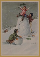 Children Snowman Christmas Winter Snow Scene Illustrated Antique Postcard picture
