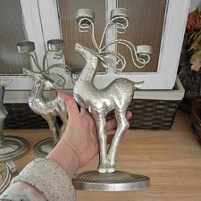 Vintage Thin Metal Set of 3 Reindeer Silver Candelabra tealight Holders picture