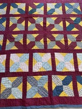 Antique 1890-1910 Patchwork Quilt Scrap Primitive Stored Unused Indigo Cheddar picture