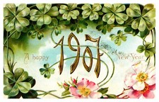 Beautiful Happy New Year 1907 4 Leaf Clover Primrose Embossed Floral Dreisden-A6 picture