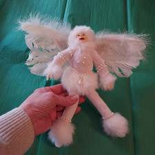 Lovely VTG Victorian Angel Fairy Elf White Beaded Christmas Ornament Feathers picture
