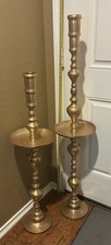 Huge Vintage Brass Candleholders, Etched Detail 50 & 40”  Tall & 10” Diameter picture