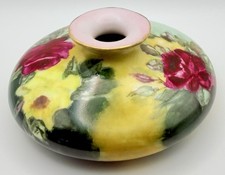 Antique T&V Limoges France Hand Painted Pink Yellow Roses Low Squat Vase picture