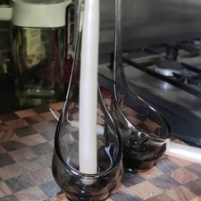 Black Pair of Vintage Viking MCM Smoke Gray Hand Blown Swung Glass Candle Holder picture