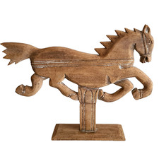 Vintage Hand Carved Wood Folk Art Galloping Horse on Stand Sculpture Antique picture