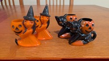 Vintage Halloween Rosbro 2 witch pumpkin 2 Black Cat Pumpkin Candy Container picture