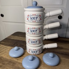 Set Of 4 Vintage Heritage Stoneware Stackable Soup Crocks W/ Lids, Handles 1980s picture