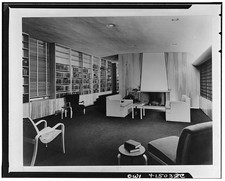 Photo:Modernist Library Living Room Interior 1960s Bookshelves Fireplace picture