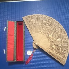 Vintage Chinese Carved Wood Folding Fan Cranes Pierced Openwork w/ Original Box picture