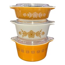 Vtg 1970s Pyrex BUTTERFLY GOLD & CHEVRON  Casserole Dish Set w/Lids  471 472 473 picture