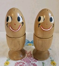 Vintage MCM Wood Salt & Pepper Shakers with Egg Cups picture