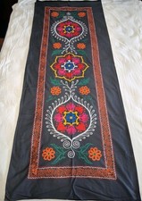 Suzani Black Fabric / Vintage Uzbek  Embroidery Table Cover Tapestry Rare  picture