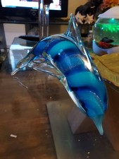 LARGE CRYSTAL BLUE GLASS ART DOLPHIN. Very Heavy China Crystal picture