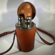 Vintage 3 Bottle Travel Bar Liquor Flask Set Leather Case Chrome Caps M Century picture