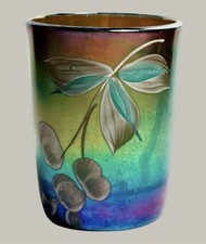 Small Antique Highly Iridescent Art Nouveau Glass Vase w/ Enameled Floral Decor picture