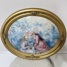Large VTG Art Lee K Parkinson Lady Picking Flowers Wood Oval Gold Frame 24 X 20” picture
