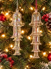 Vintage Iridescent Glass Bell Christmas Tree Ornaments Set Of 2 Original Boxes picture