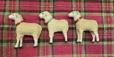3 Antique German Putz White Stick Leg Sheep Blue Red Collar picture
