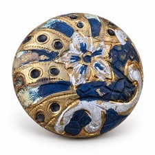 Vintage Blue Gold Silver Tone Floral Scroll Metal Shank Button Ornate Domed picture