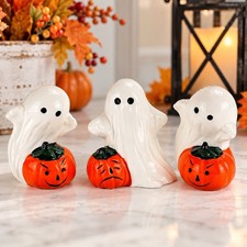 Vintage Flambro Bone China Halloween Ghost Pumpkin Figurines Set of 3 Taiwan picture