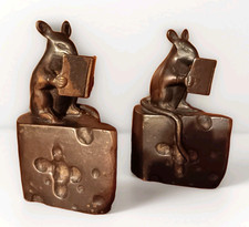 Vintage Set Bronze Mice Mouse Reading Books on Swiss Cheese Wedges Bookends SPI picture