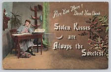 Stolen Kisses Are Sweetest Telephone Romance Postcard 1908 Bourbon MO picture