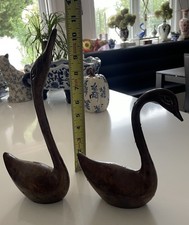 2 Vintage Mid Century Modern Large Solid Brass Swans With Patina - a Pair picture
