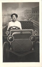 NAMED LADY RIDES SILLY PROP CAR c1900 real photo postcard rppc arcade freda ball picture