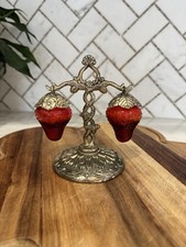 Vintage Red Glass Strawberry Condiment Cruet Set Silver Tone Stand Salt Pepper picture