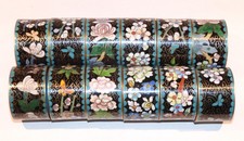 Set 12 Vintage Cloisonné Napkin Rings 3 Floral Designs | Turquoise Centers VGC picture