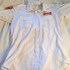 Vintage 70s 80s Unitog Budweiser Work Shirt Pinstripe Patches Delivery Men's 15- picture